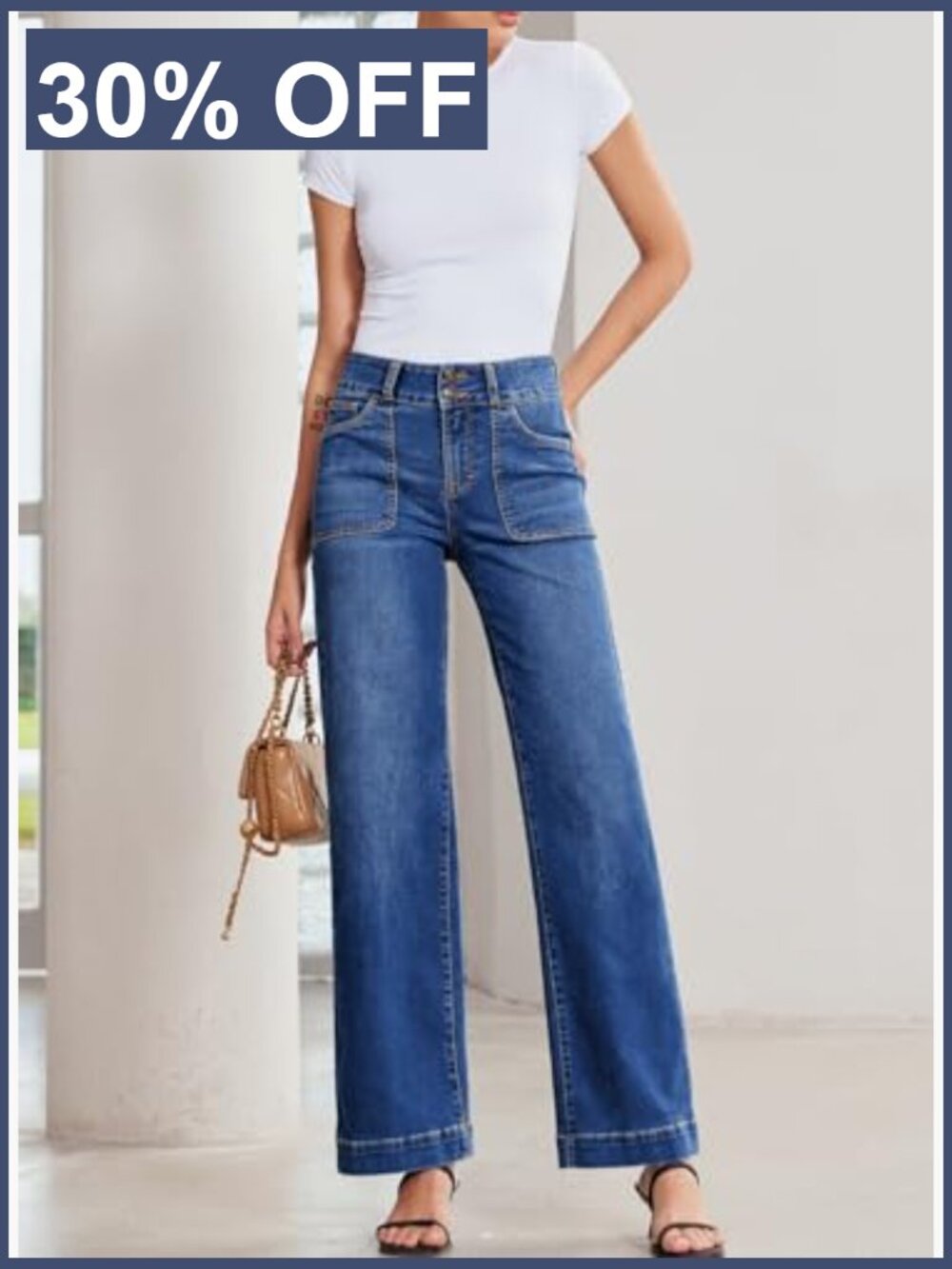 Wide Leg Jeans High Waisted Stretchy Tummy Control Straight Leg Denim Pants - Picture 5 of 7